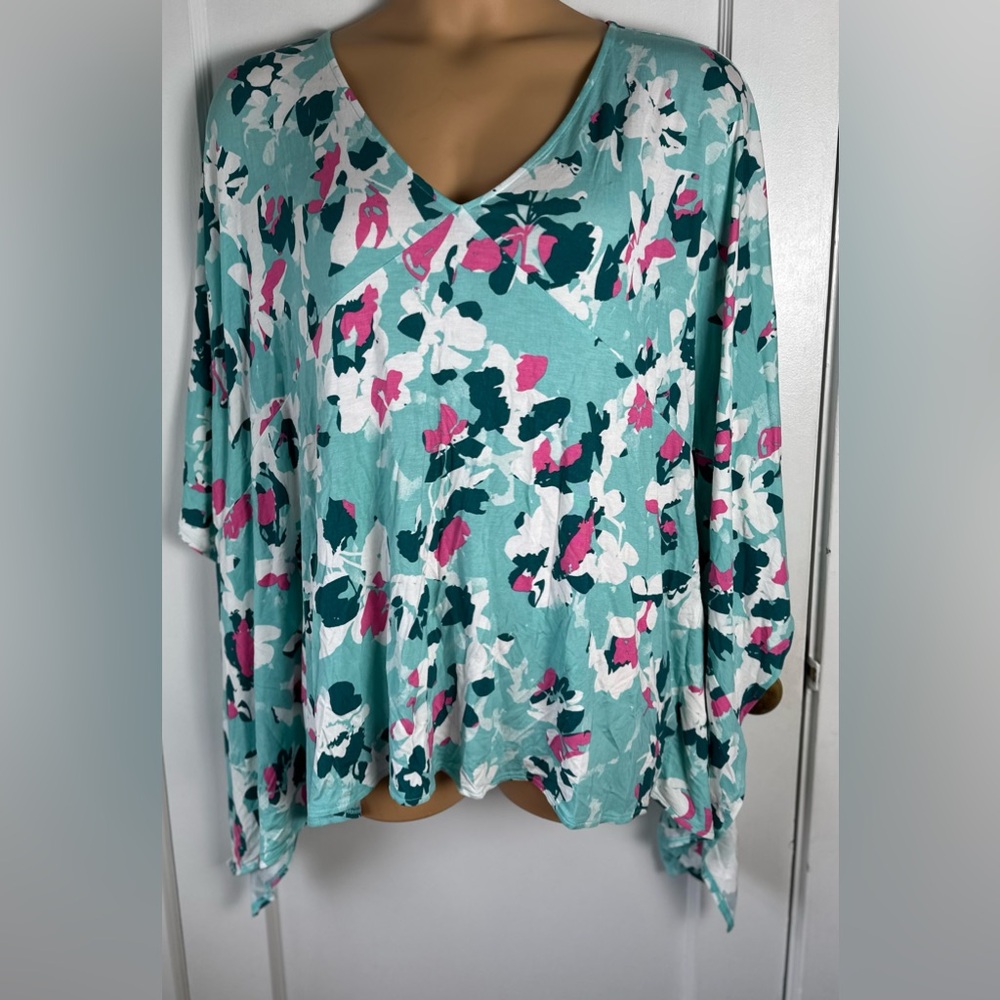IMAN Teal and Pink Floral V-Neck Blouse